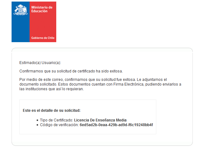 Ejemplo de mail de entrega de certificados Mineduc